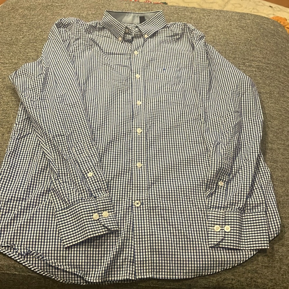 Men’s button down dress shirt, blue and white checkered